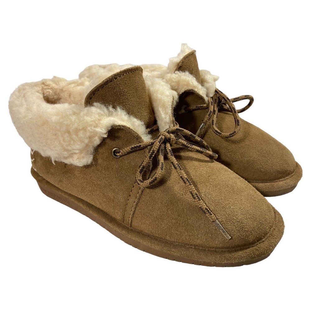 BEARPAW Kory Low Top Brown Suede Wool Blend Lining Moccasin Boots Youth 4